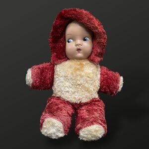 Mid Century Composition Celluloid Plush Doll Side Eye Mohair Snow Baby Hood 12"